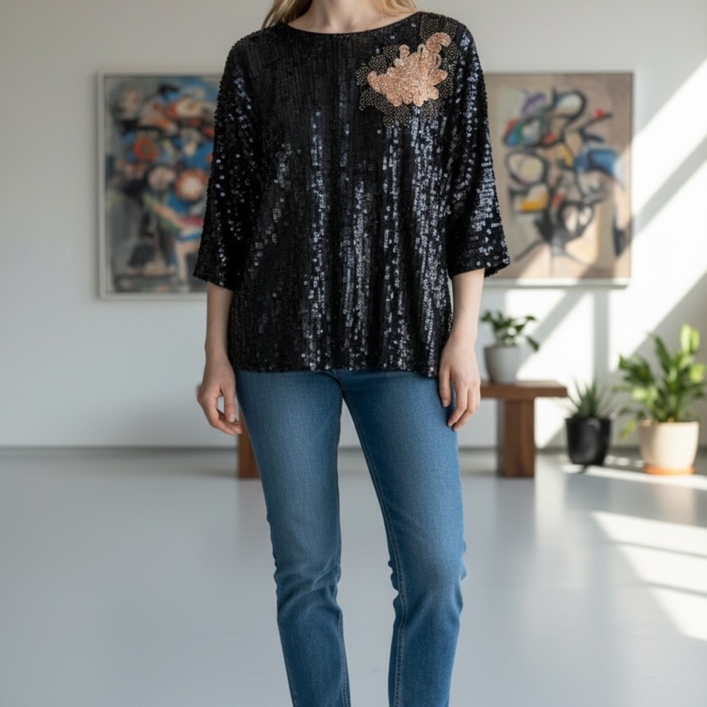 French Connection Black "speckled" sequined Top with Peach Sequin Applique Sz 4